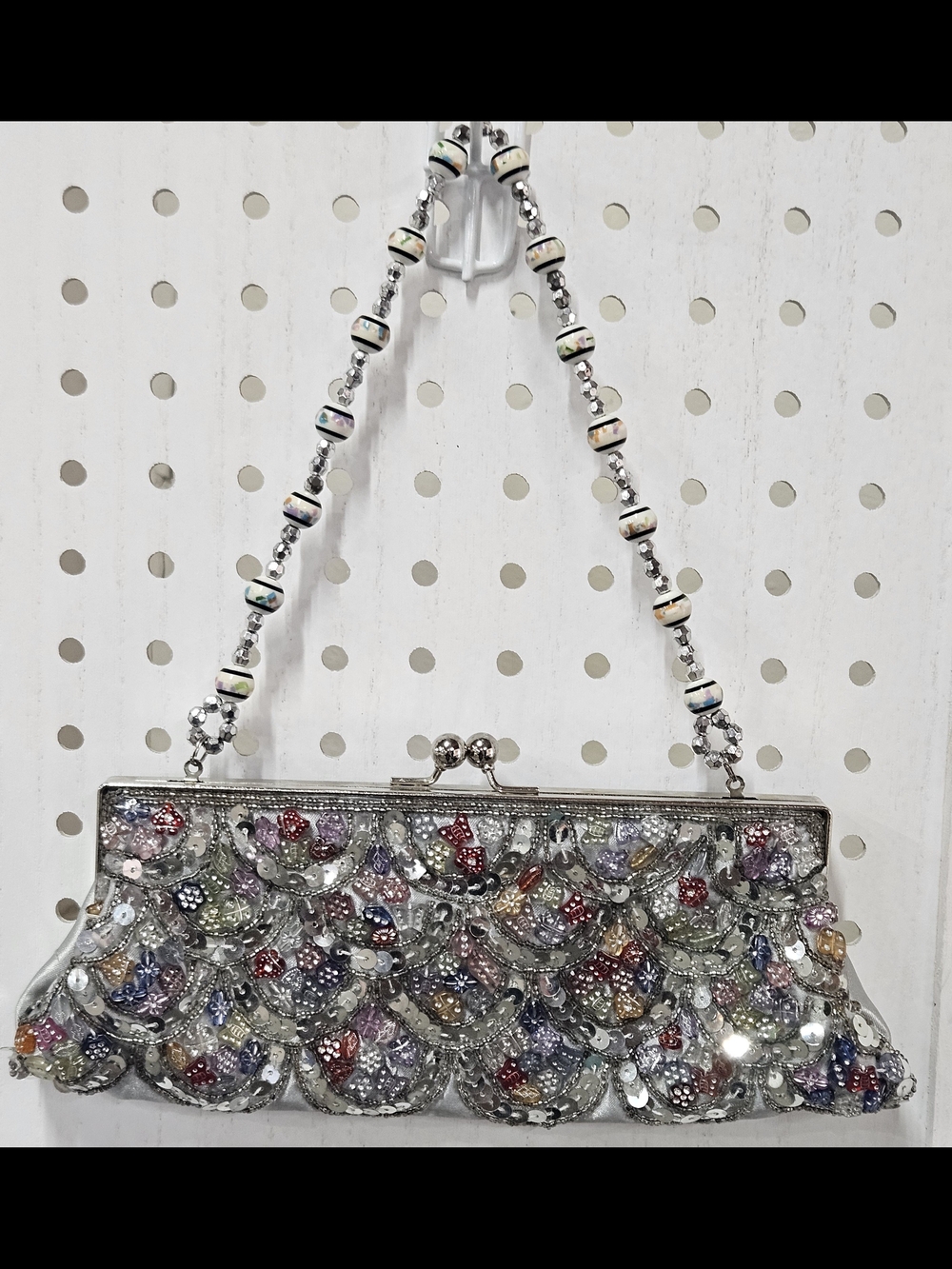 Chateau Multicolor Beaded Sequin Evening Clutch with Silver Frame